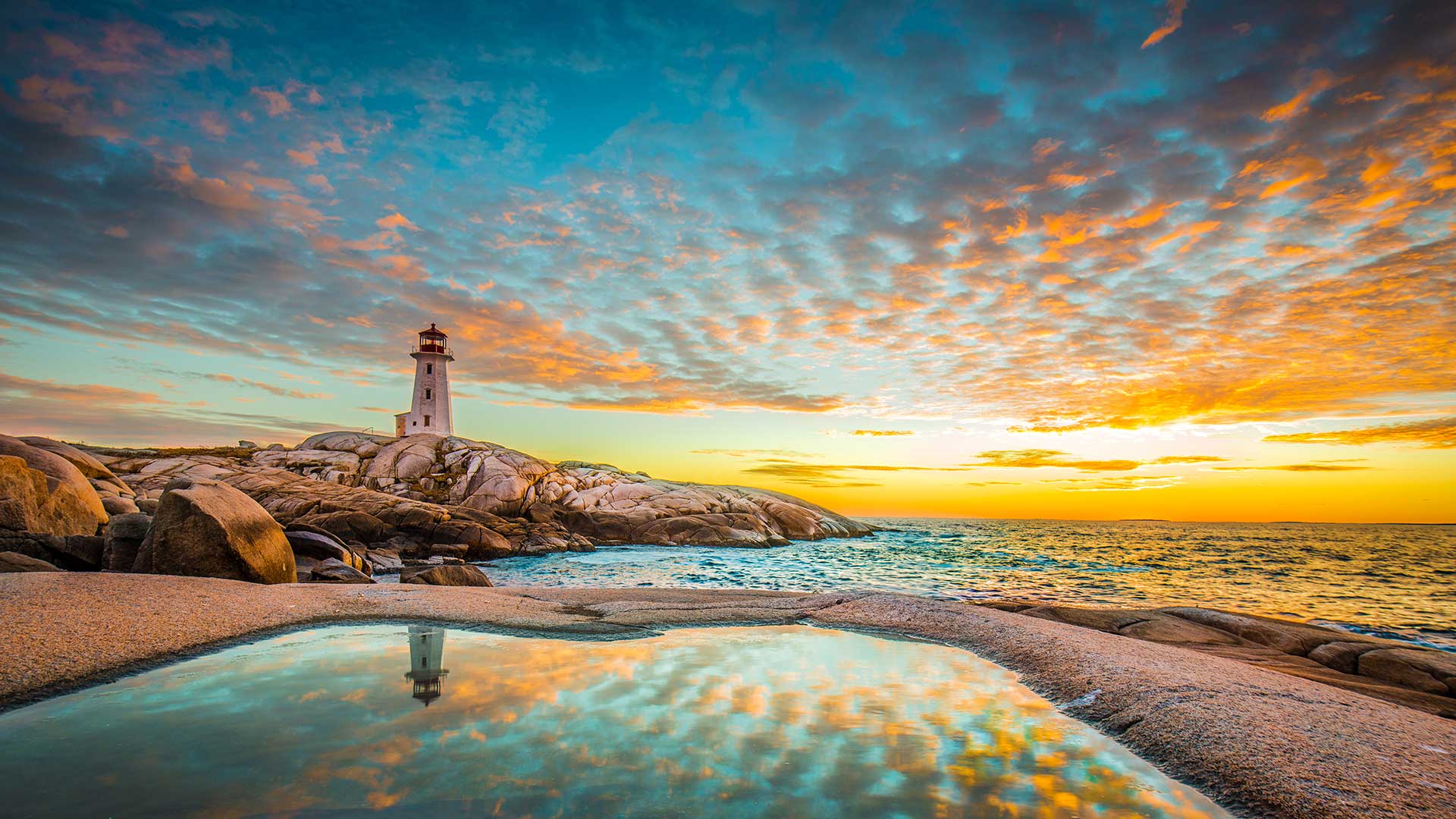 Peggy's Cove lighthouse on the Nova Scotia coastline.