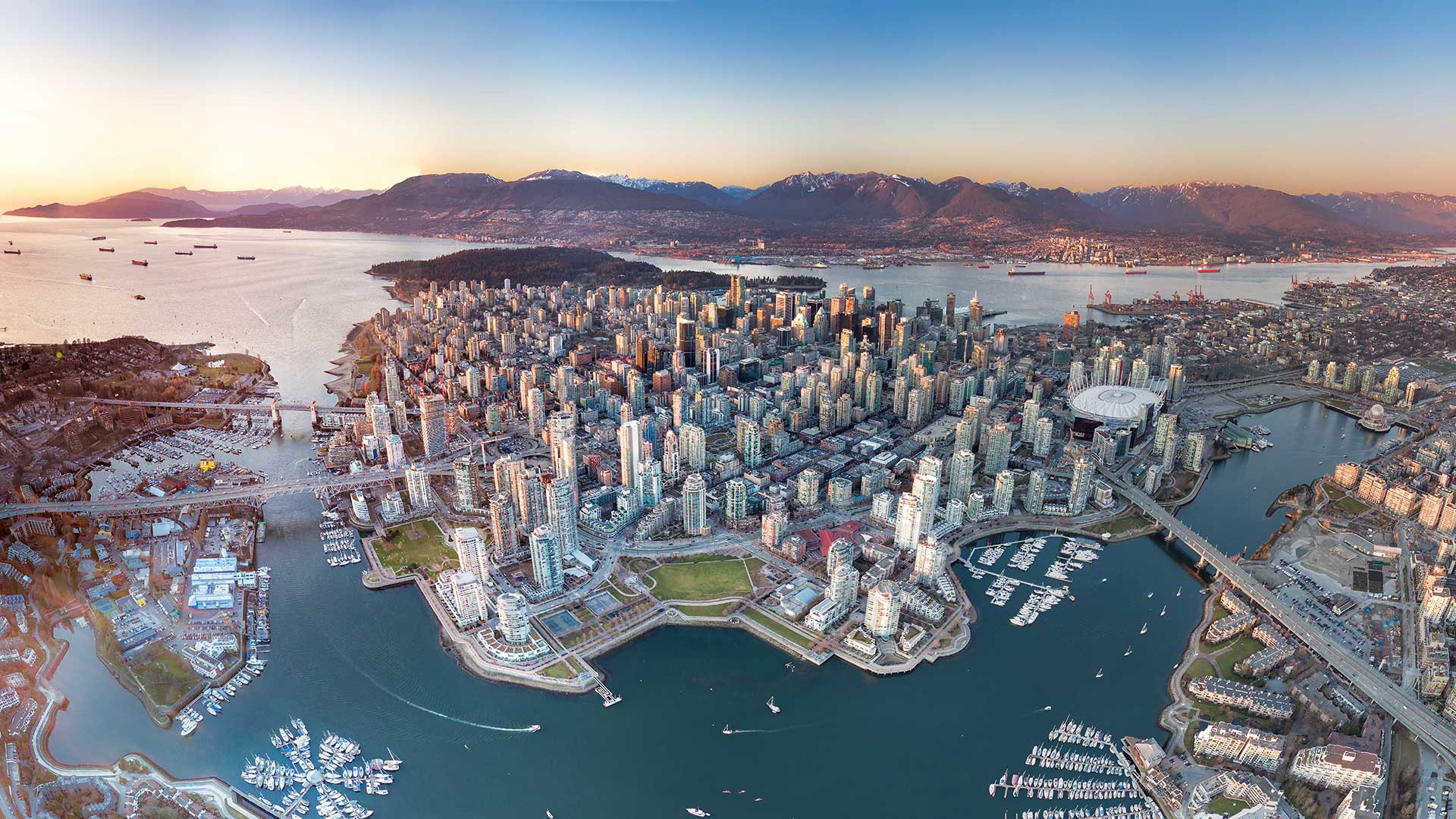 Aerial view of downtown Vancouver and the waterfront.