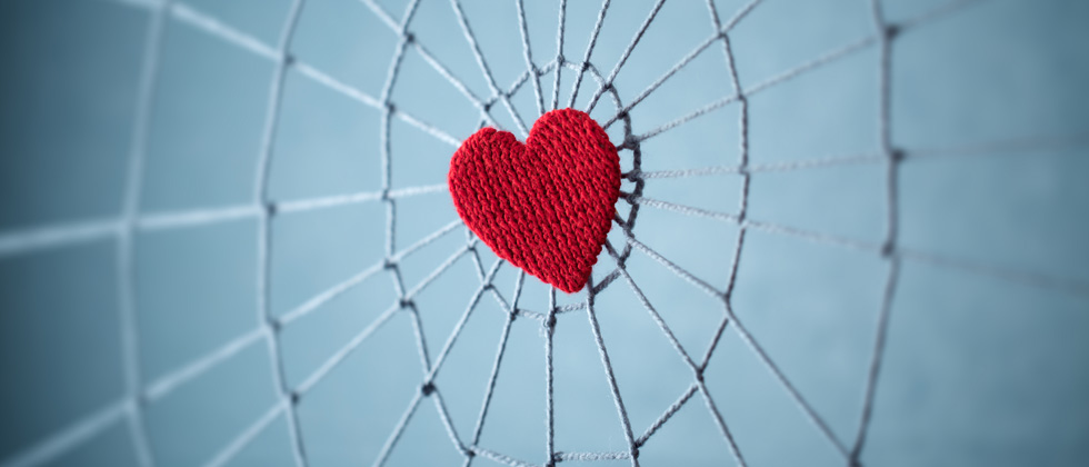A heart sewn in the center of a spider web