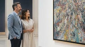A couple browsing an art museum on a date.
