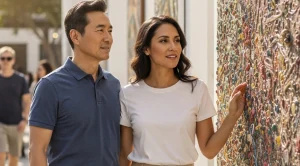 A man and a woman looking at art on an art walk.