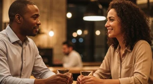 A couple enjoying conversations in a bar.