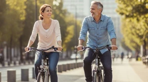 A couple enjoying a bike ride in the city.
