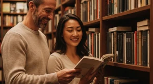 A couple browsing books together in a local bookstore.