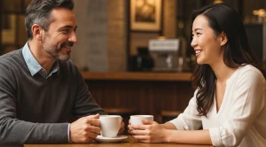 A couple enjoying a coffee and engaging in conversation in a coffee shop.