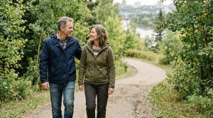 A couple strolling on a date at edmonton river valley.