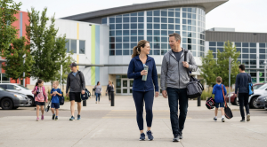 A couple walking in front of the terwillegar community recreation center in edmonton.