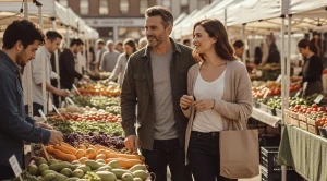 A couple picking up vegetables and fruits at the farmers market.