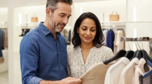 A couple enjoying shopping in a boutique on a date.