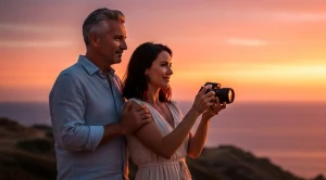 A couple taking a photo of the sunset.