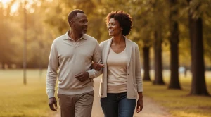 A couple enjoying a sunset walk in the park.