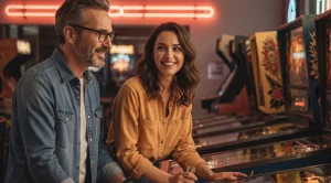 A couple playing arcade games on a date.