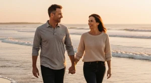 A couple strolling hand in hand at the beach. (Generated with AI)