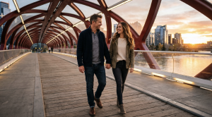 A couple walking hand in hand over the peace bridge in calgary, alberta. (Generated with AI) (Generated with AI) (Generated with AI) (Generated with AI) (Generated with AI)