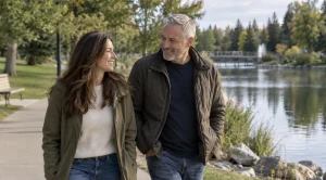 A couple walking around bower ponds in red deer. (Generated with AI)