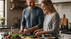 A couple cooking a dinner at home for a date night. (Generated with AI)