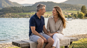 A couple sitting next to okanagan lake close to sunset time, in kelowna. (Generated with AI)