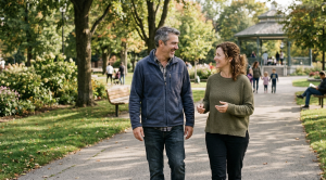 A man and a woman strolling through gage park in brampton, ontario.