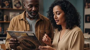 A man and a woman looking at a record they found inside a record shop. (Generated with AI)