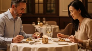 A couple enjoying a luxury dinner at a restaurant.