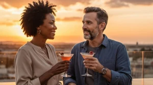 A couple enjoying drinks at a rooftop.