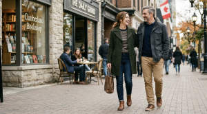 A couple strolling through yorkville in toronto.