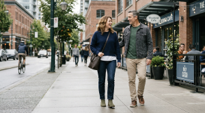 A couple strolling through yaletown in vancouver.
