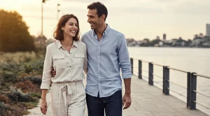 A couple taking a walk at the waterfront.