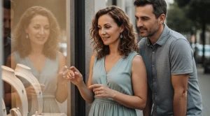A couple strolling next to boutiques and window shop.