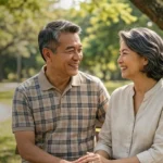 A Filipino couple sitting in a park on a bench (Generated with AI)