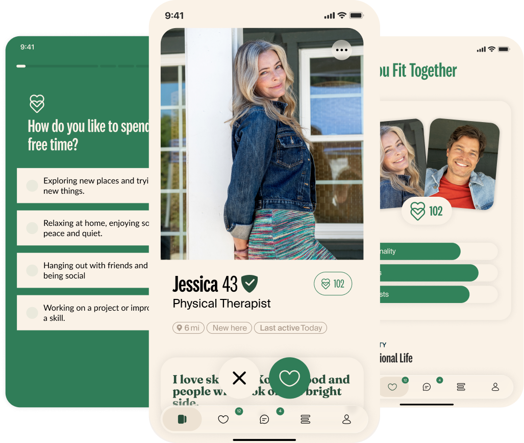 Sample questionnaire, compatibility score, and partner suggestions on eharmony